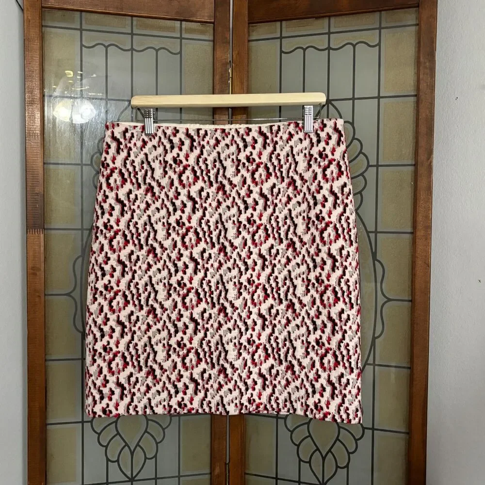 J. McLaughlin Elm Skirt Beige Red Watermark Jacquard Business Skirt Size 12
